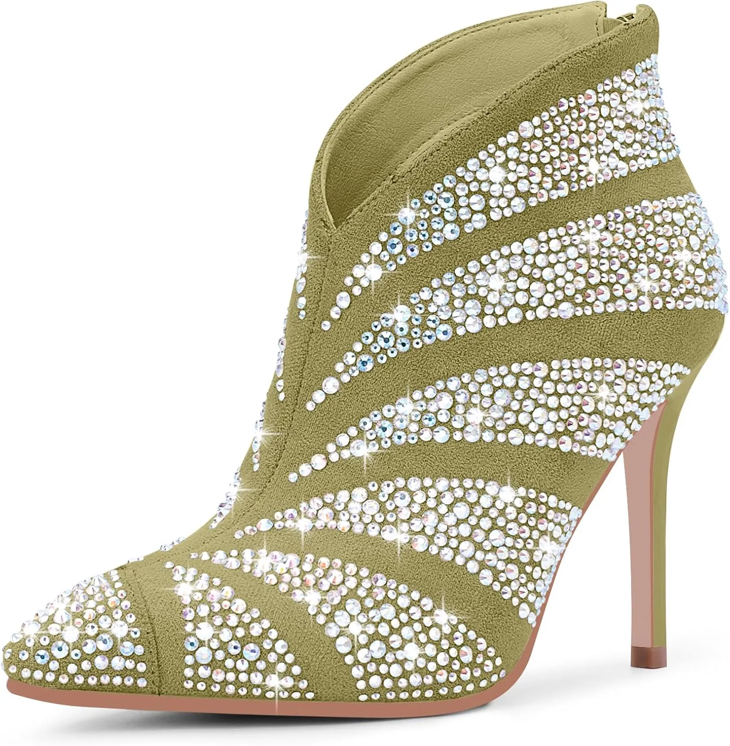 Women's Rhinestone Pointed Toe Stiletto High Heel Ankle Boots Suede Dress Booties