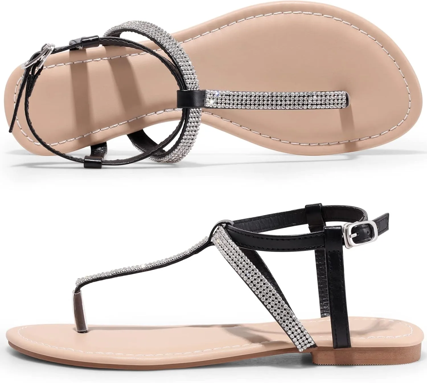 Womens Rhinestone Sandals T-Strap Crystal Flat Dressy Adjustable Ankle Thong Summer Sandals