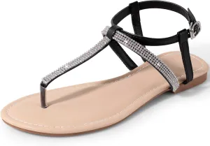 Womens Rhinestone Sandals T-Strap Crystal Flat Dressy Adjustable Ankle Thong Summer Sandals