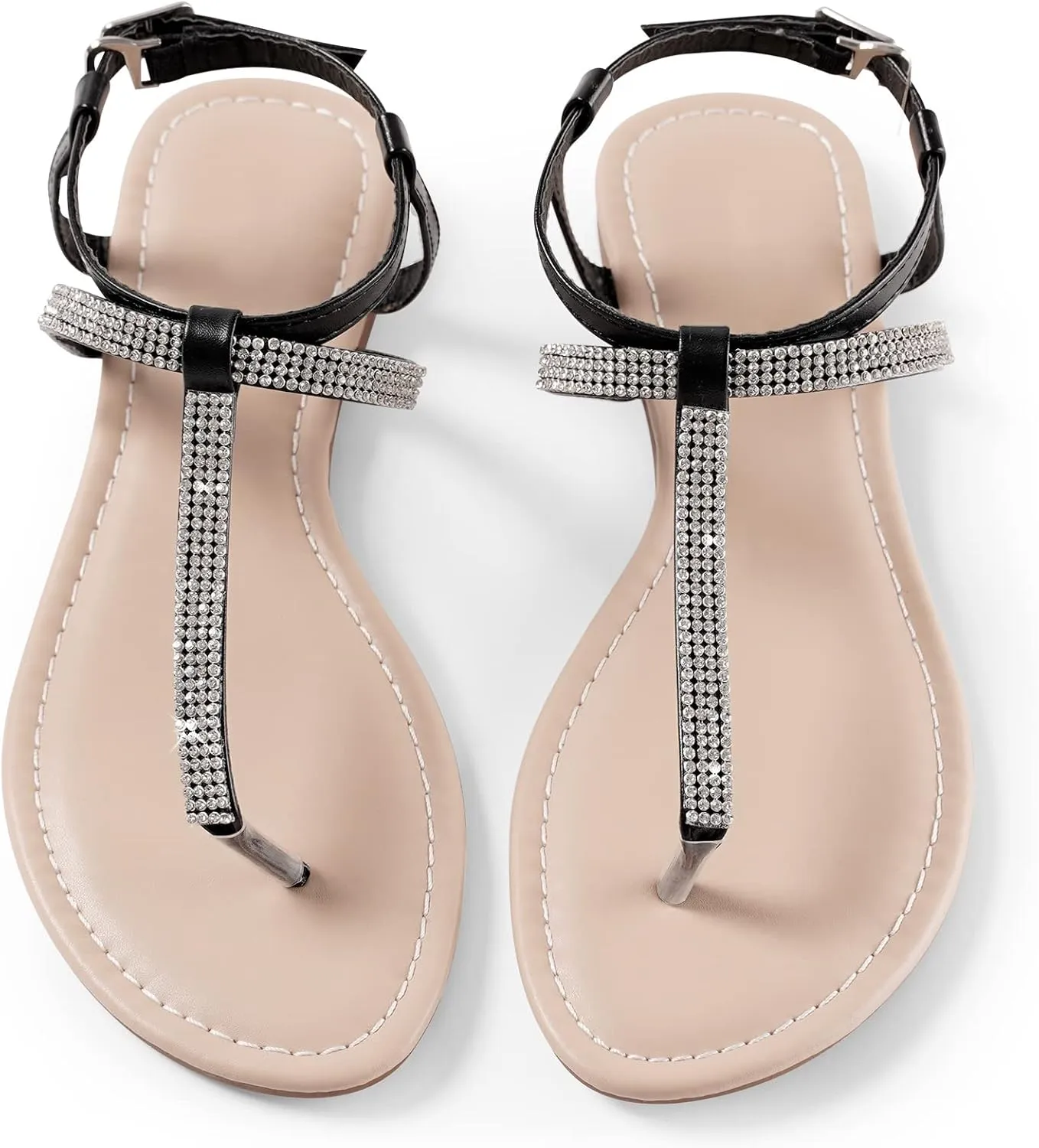 Womens Rhinestone Sandals T-Strap Crystal Flat Dressy Adjustable Ankle Thong Summer Sandals