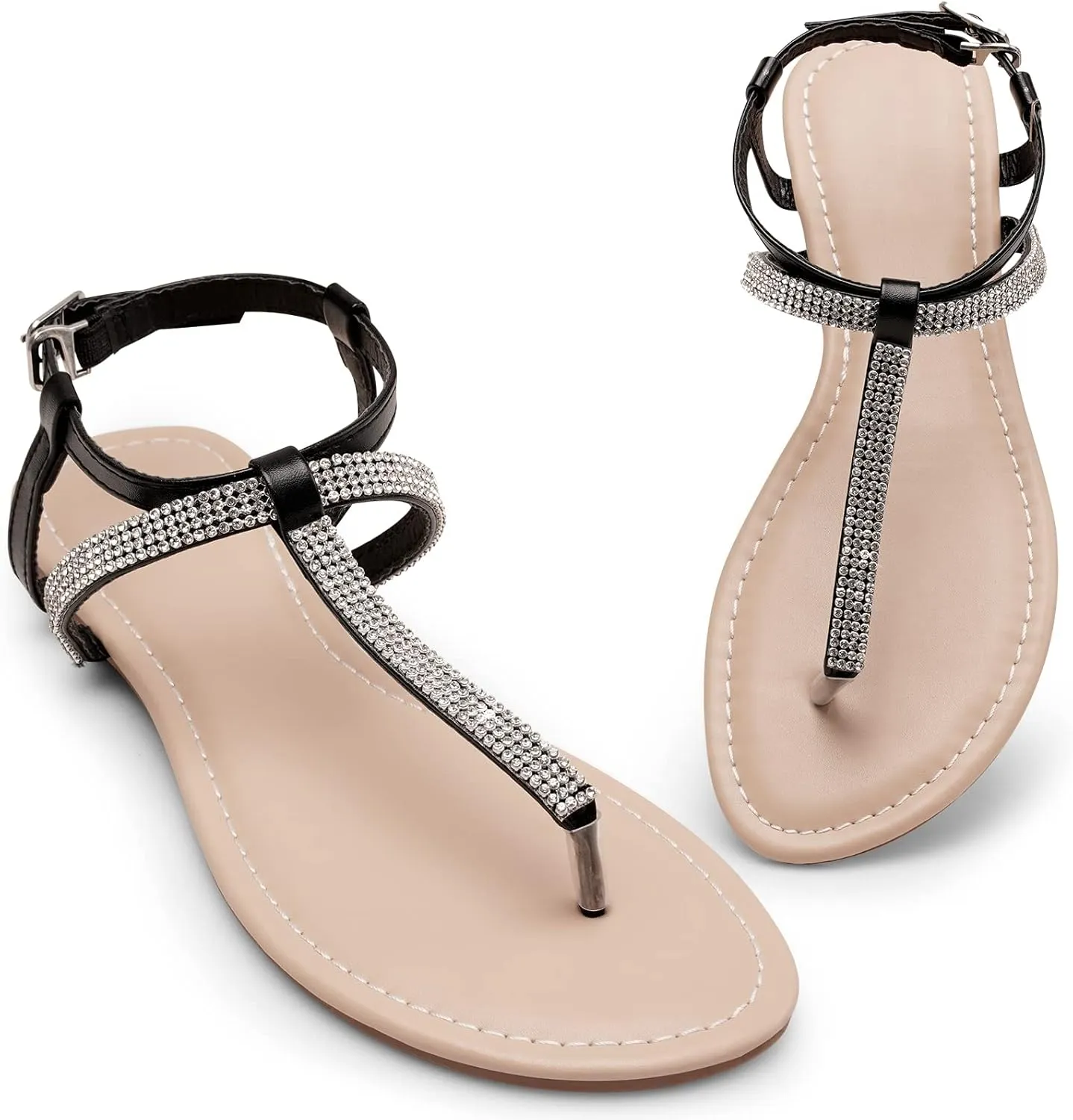 Womens Rhinestone Sandals T-Strap Crystal Flat Dressy Adjustable Ankle Thong Summer Sandals