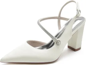 Womens Rhinestone Satin Heels Slingback Closed Pointed Toe Pumps Chunky Block Heels Wedding Party Shoes