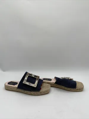 Women’s Roger Vivier Denim Strass Buckle Espadrille Sandals Blue Size 37.5 - Very Good