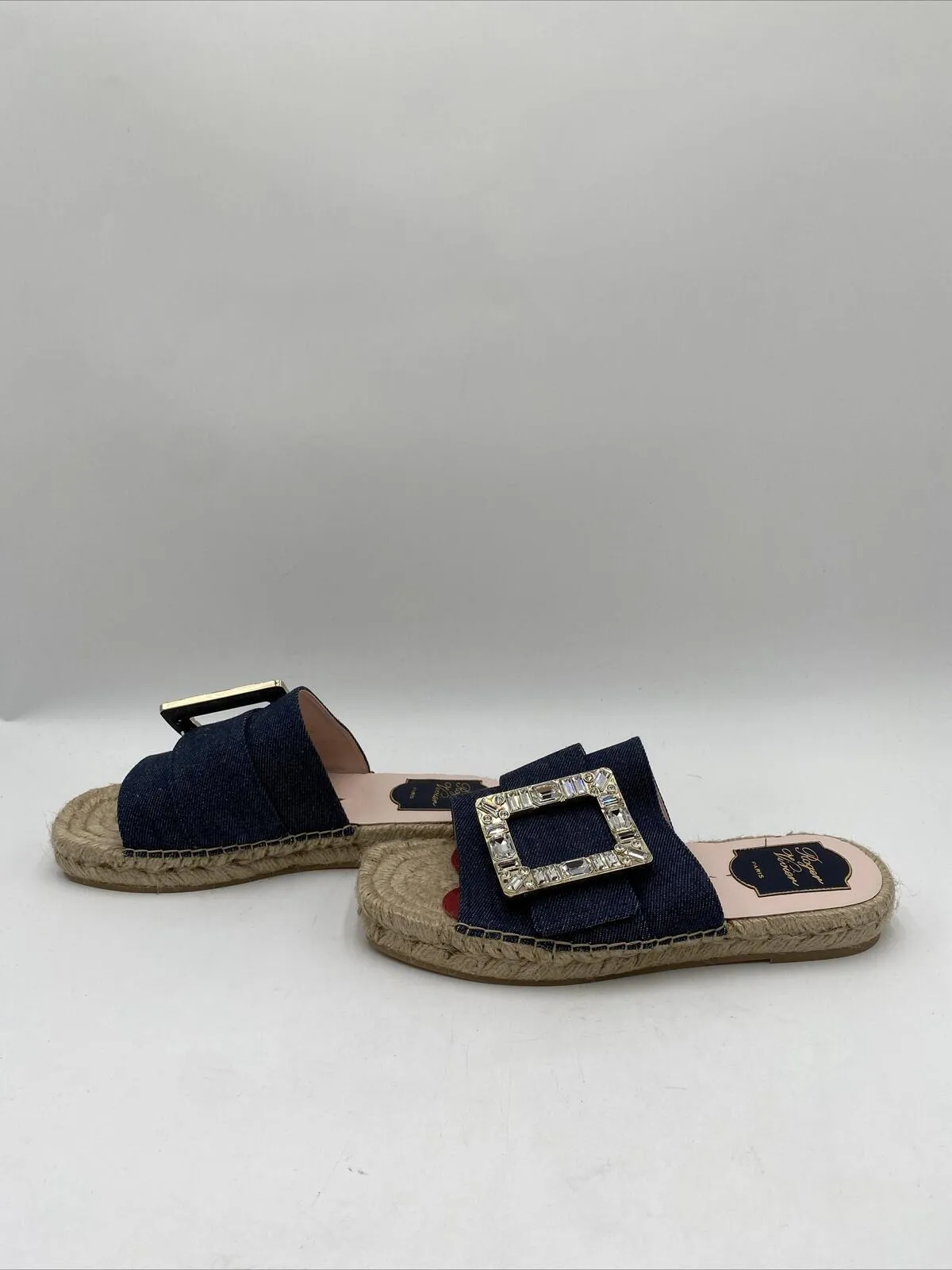 Women’s Roger Vivier Denim Strass Buckle Espadrille Sandals Blue Size 37.5 - Very Good