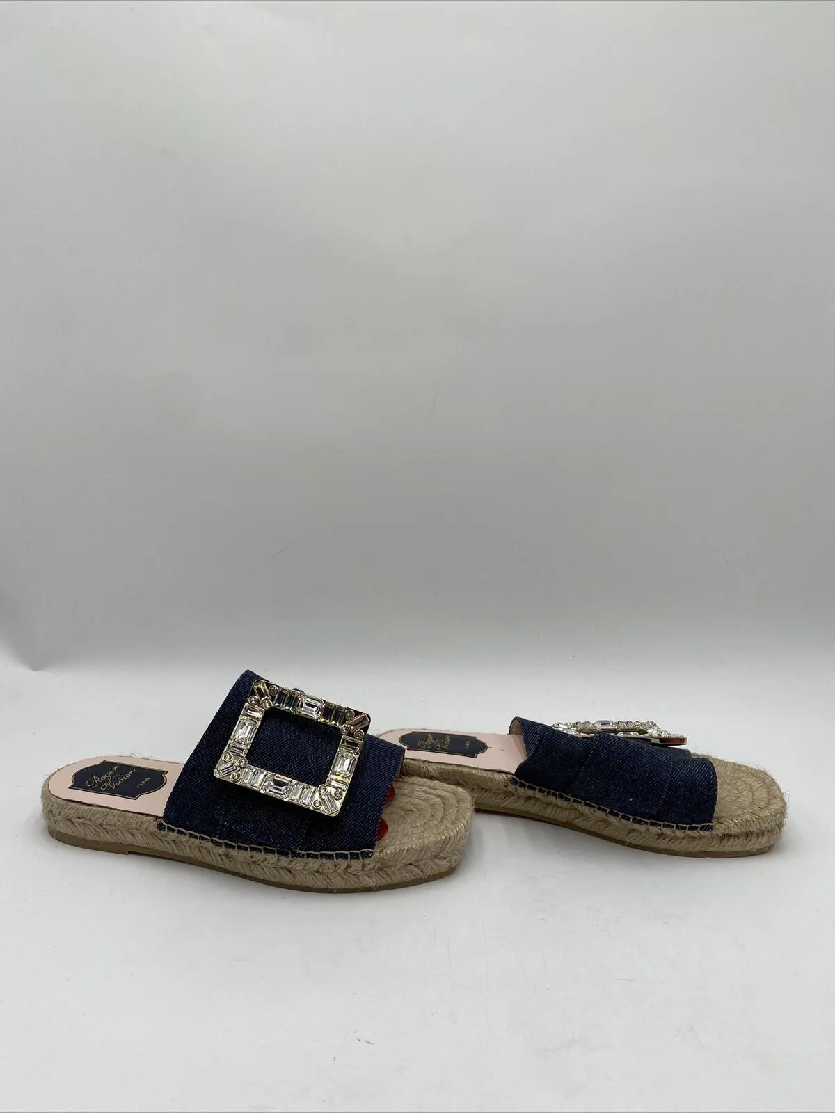 Women’s Roger Vivier Denim Strass Buckle Espadrille Sandals Blue Size 37.5 - Very Good