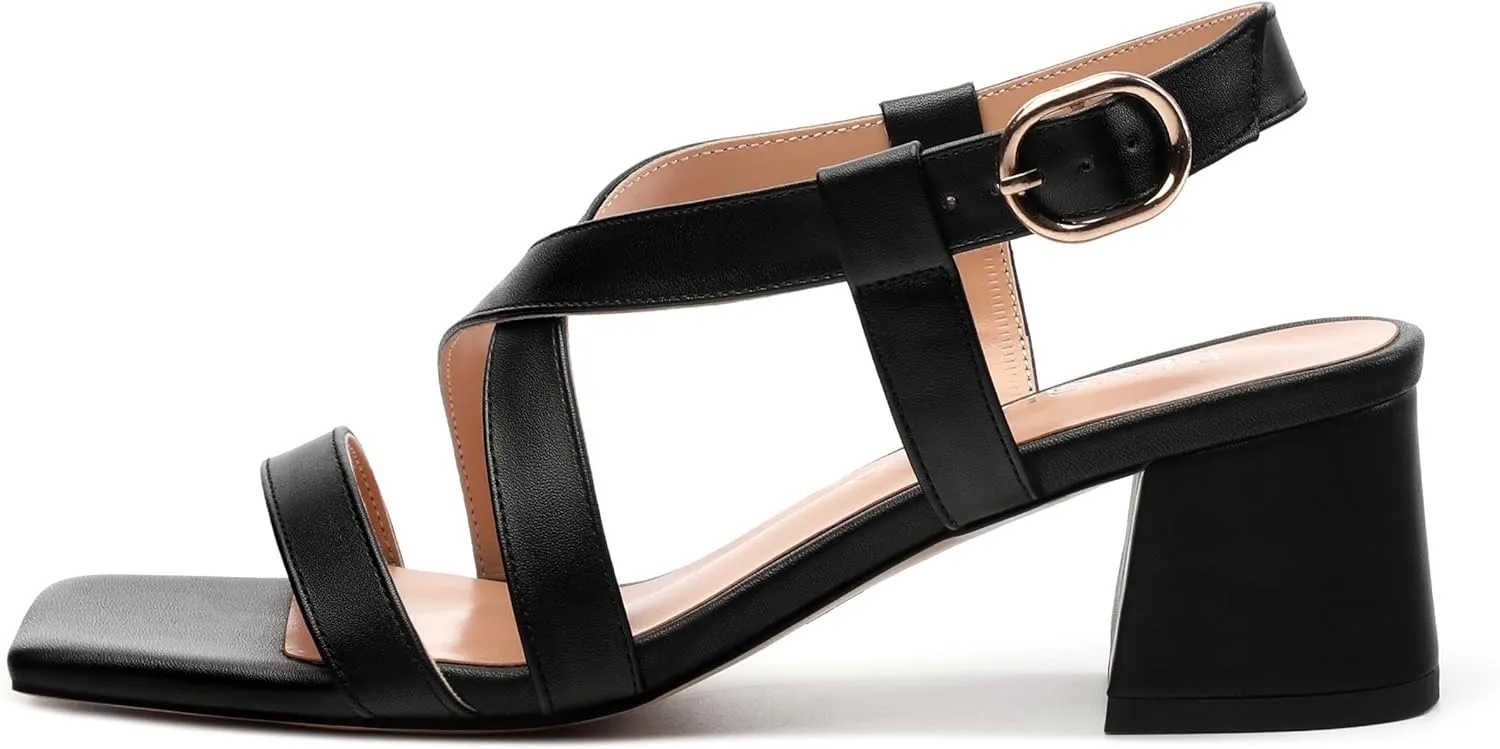 Womens Sandals Buckle Adjustable Strap Square Open Toe Chunky Heels Fashion Solid Matte Sandals