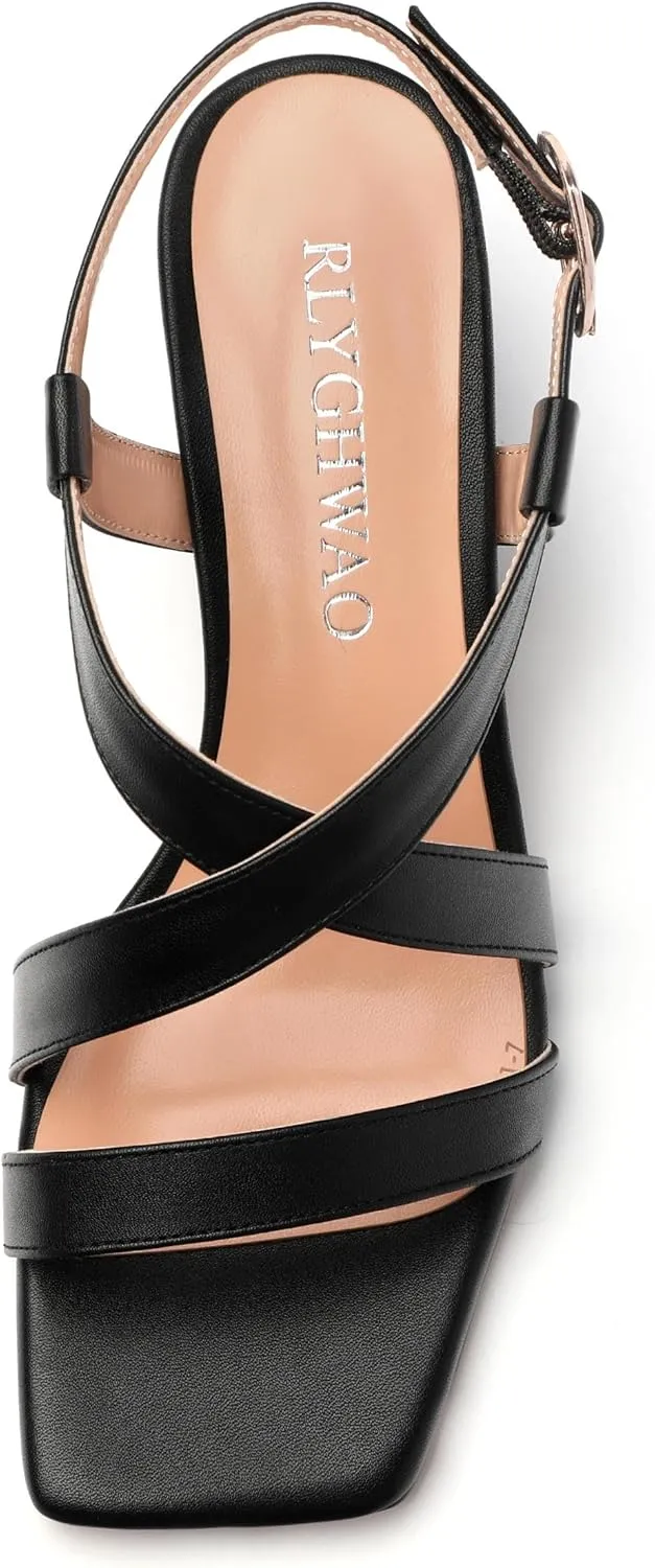 Womens Sandals Buckle Adjustable Strap Square Open Toe Chunky Heels Fashion Solid Matte Sandals