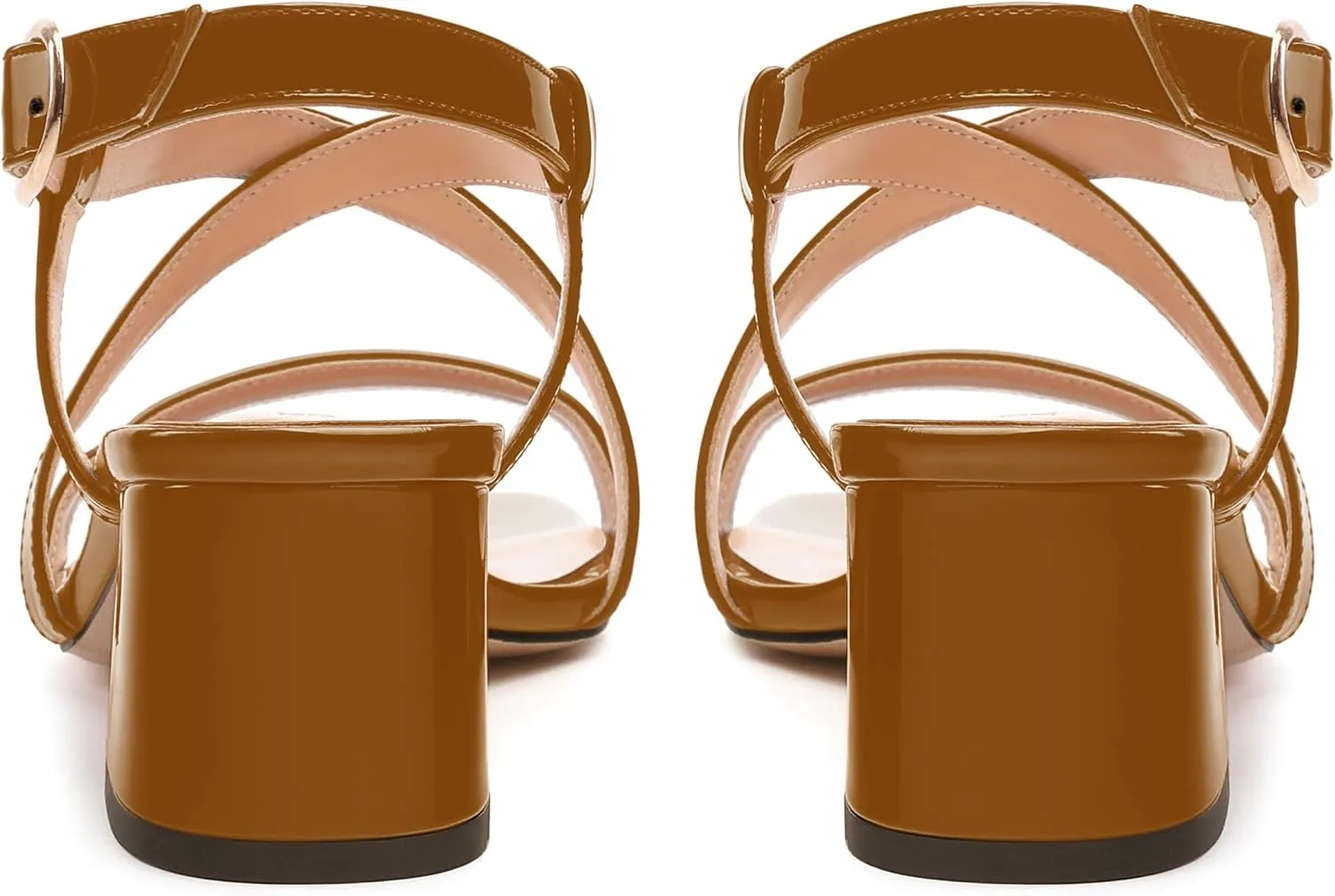 Womens Sandals, Square Open Toe Chunky Heels, Fashion Adjustable Strap Buckle Heeled Sandal, Solid Patent Sandals for Women
