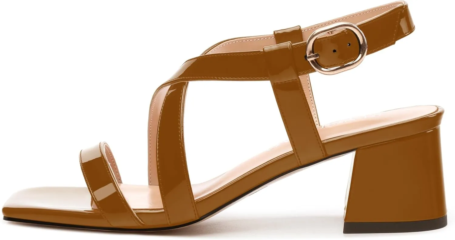 Womens Sandals, Square Open Toe Chunky Heels, Fashion Adjustable Strap Buckle Heeled Sandal, Solid Patent Sandals for Women