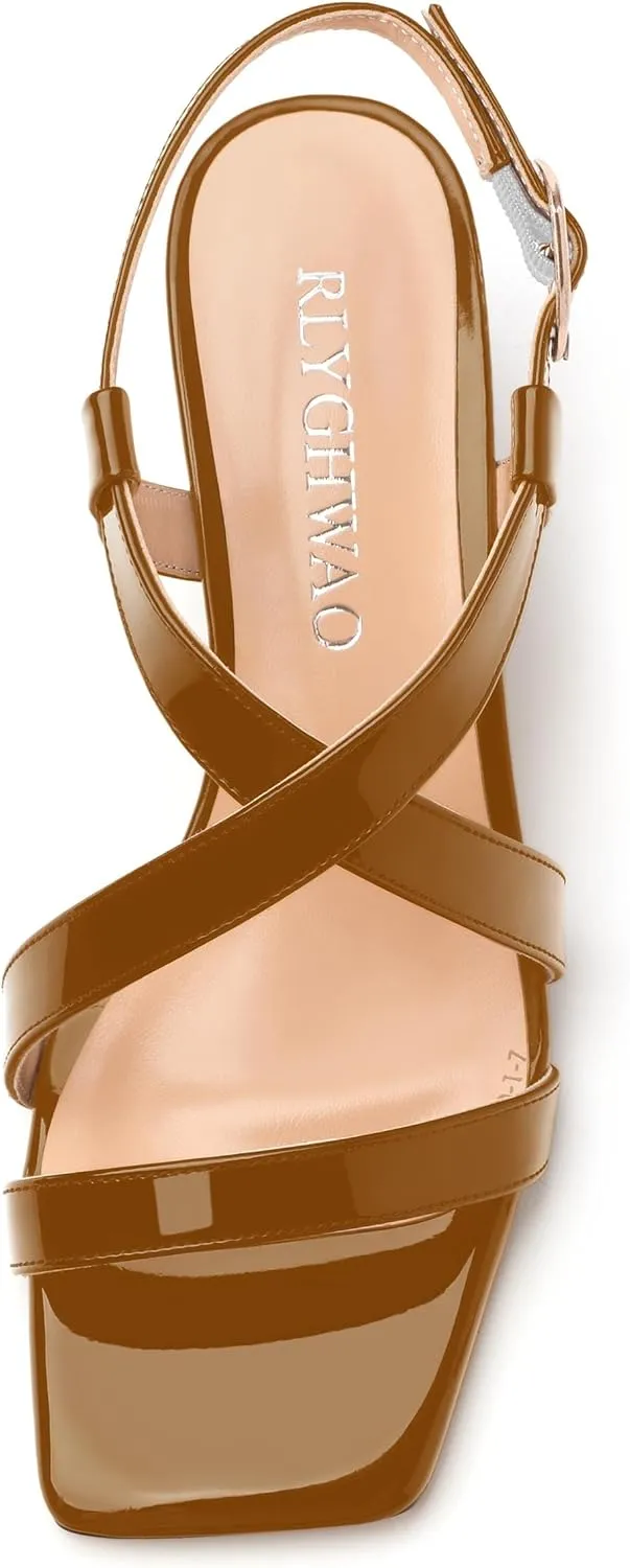 Womens Sandals, Square Open Toe Chunky Heels, Fashion Adjustable Strap Buckle Heeled Sandal, Solid Patent Sandals for Women