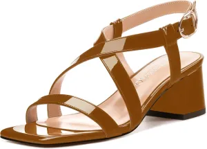 Womens Sandals, Square Open Toe Chunky Heels, Fashion Adjustable Strap Buckle Heeled Sandal, Solid Patent Sandals for Women