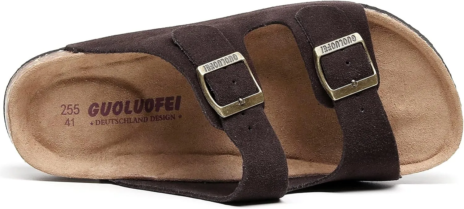 Womens Sandals with Adjustable Buckles Memory Foam, Comfort Cork Footbed Arch Support Leather Slide Sandals for Women