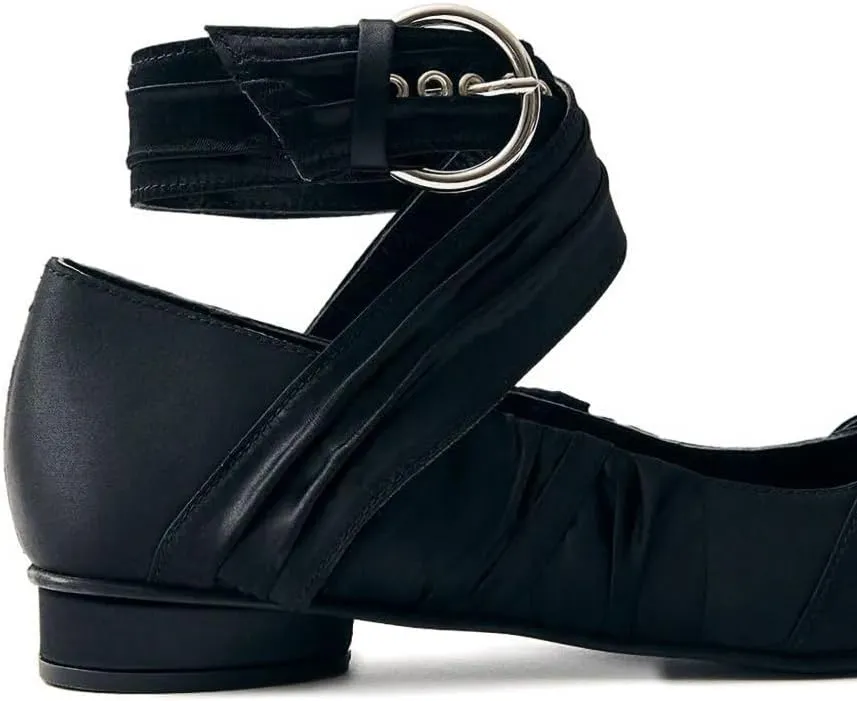 Women's Satin Ballet Flats Ankle Strap Mary Jane Shoes Square Toe Block Heel Ballerina Dress Sandals Ruched-Strap Party Wedding Shoes