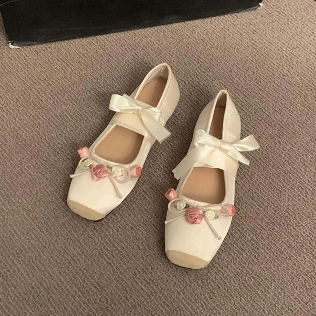 Women's Satin Ballet Flats Shoes Square Toe Silk Lace Up Ankle Strap Ladies Prom Wedding Bridal Shoes