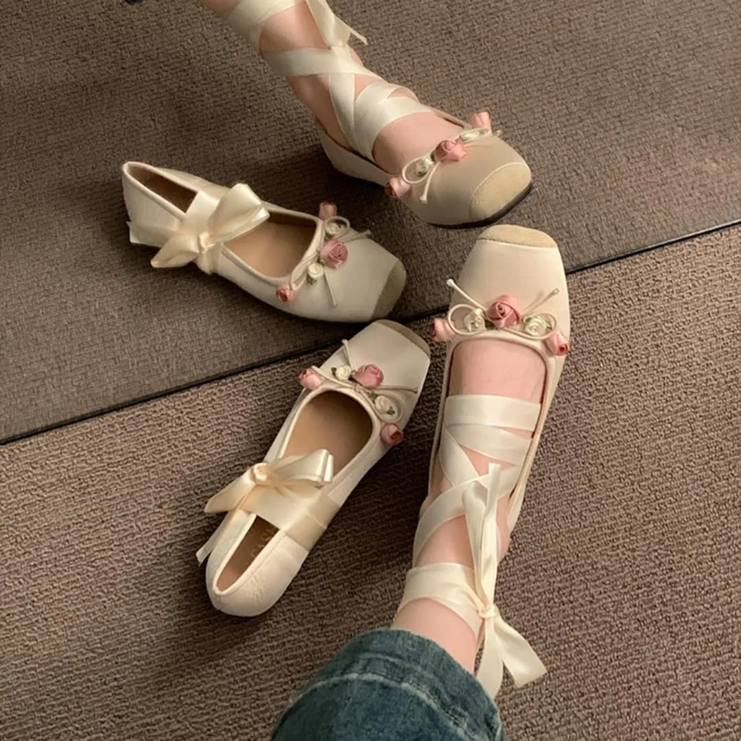 Women's Satin Ballet Flats Shoes Square Toe Silk Lace Up Ankle Strap Ladies Prom Wedding Bridal Shoes