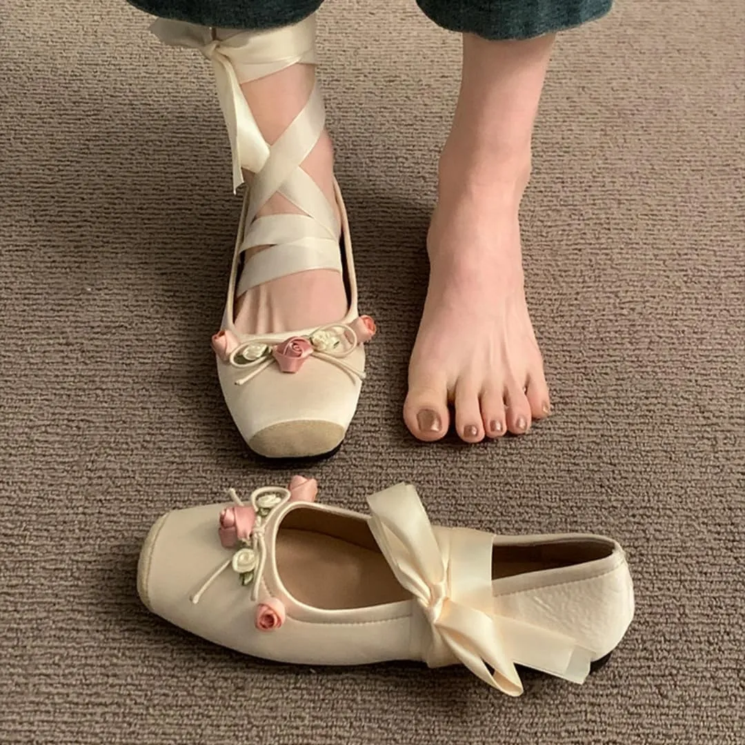 Women's Satin Ballet Flats Shoes Square Toe Silk Lace Up Ankle Strap Ladies Prom Wedding Bridal Shoes