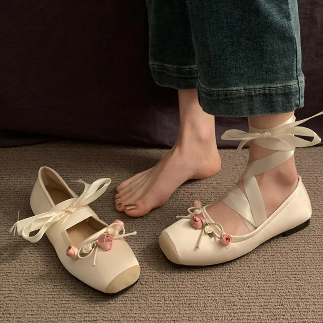 Women's Satin Ballet Flats Shoes Square Toe Silk Lace Up Ankle Strap Ladies Prom Wedding Bridal Shoes