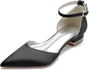 Womens Satin Bridal Wedding Shoes Pointed Toe Ballet Flats Ankle Strap Closed Toe Party Dress Sandals