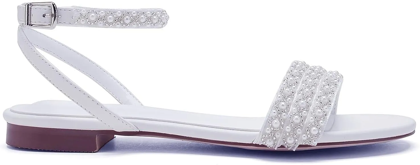 Women's Satin Open Toe Flats Pumps Pearl Ankle Strap Round Toe Sandals for Mary Jane Classic Party Wedding Dress Pump Shoes