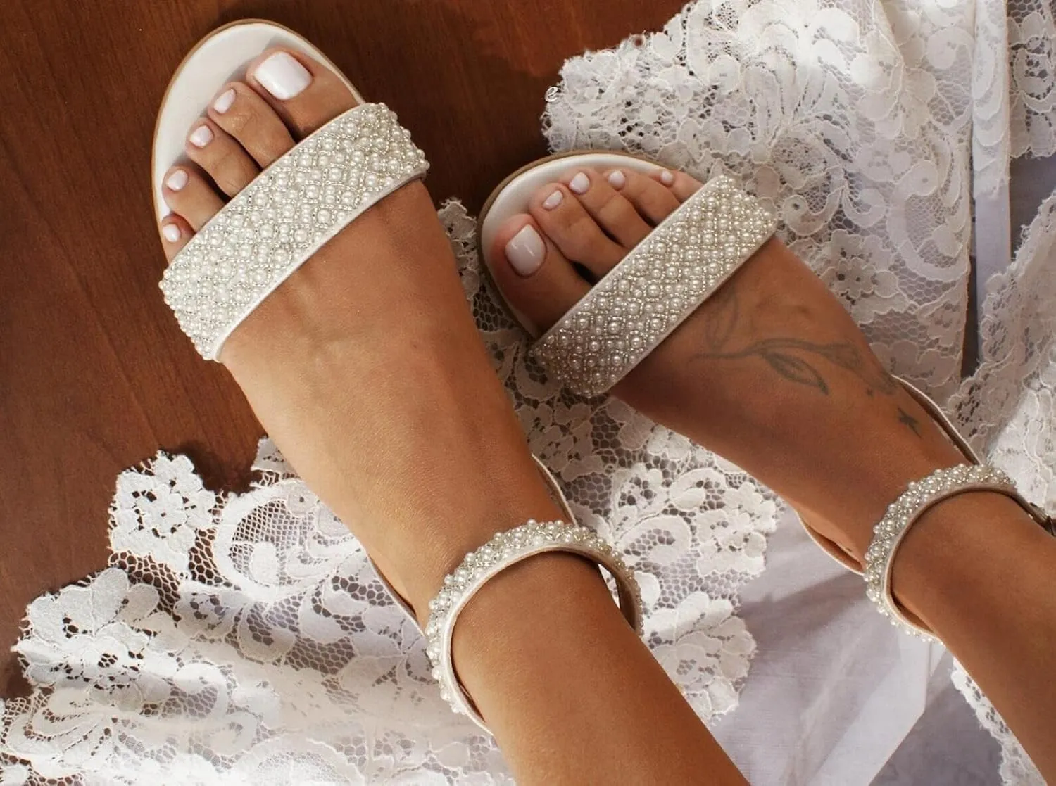 Women's Satin Open Toe Flats Pumps Pearl Ankle Strap Round Toe Sandals for Mary Jane Classic Party Wedding Dress Pump Shoes