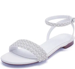 Women's Satin Open Toe Flats Pumps Pearl Ankle Strap Round Toe Sandals for Mary Jane Classic Party Wedding Dress Pump Shoes