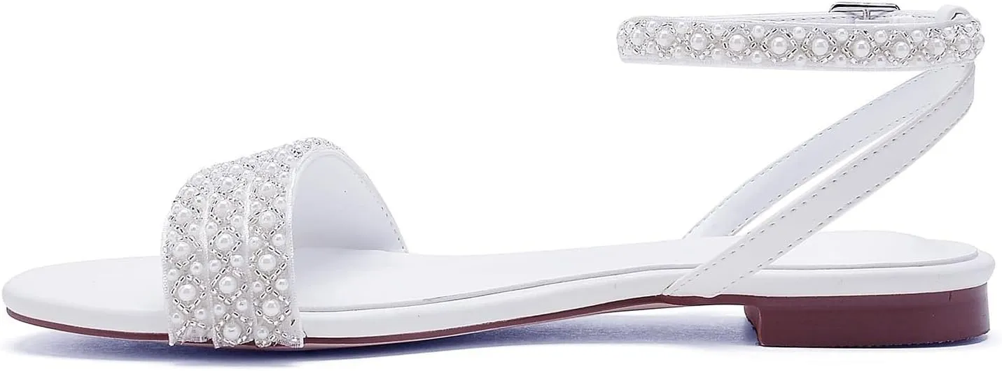 Women's Satin Open Toe Flats Pumps Pearl Ankle Strap Round Toe Sandals for Mary Jane Classic Party Wedding Dress Pump Shoes