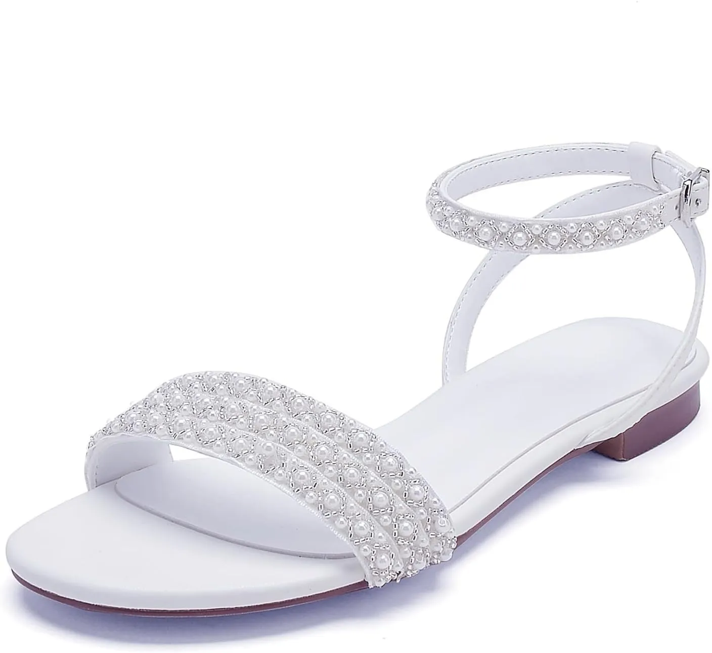 Women's Satin Open Toe Flats Pumps Pearl Ankle Strap Round Toe Sandals for Mary Jane Classic Party Wedding Dress Pump Shoes