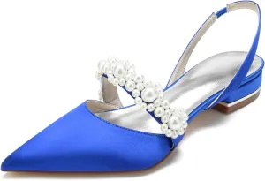 Women's Satin Pearls Boho Beach Wedding Flats Shoes for Bride Pointed Toe Slingback Bridesmaid Shoes Dressy Flats