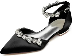 Women's Satin Pointed Toe Flats Comfortable Rhinestones Ankle Straps Wedding Flats for Bride Pump Shoes Evening Party Guest Shoes for Women