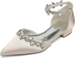 Women's Satin Pointed Toe Flats Comfortable Rhinestones Ankle Straps Wedding Flats for Bride Pump Shoes Evening Party Guest Shoes for Women