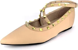 Women's Satin Rivet Cross Strap Flat Pumps Elegant Pointed Toe Heightened Non-Slip Slip-On Date Night Wedding Flats