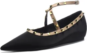 Women's Satin Rivet Cross Strap Flat Pumps Elegant Pointed Toe Heightened Non-Slip Slip-On Date Night Wedding Flats
