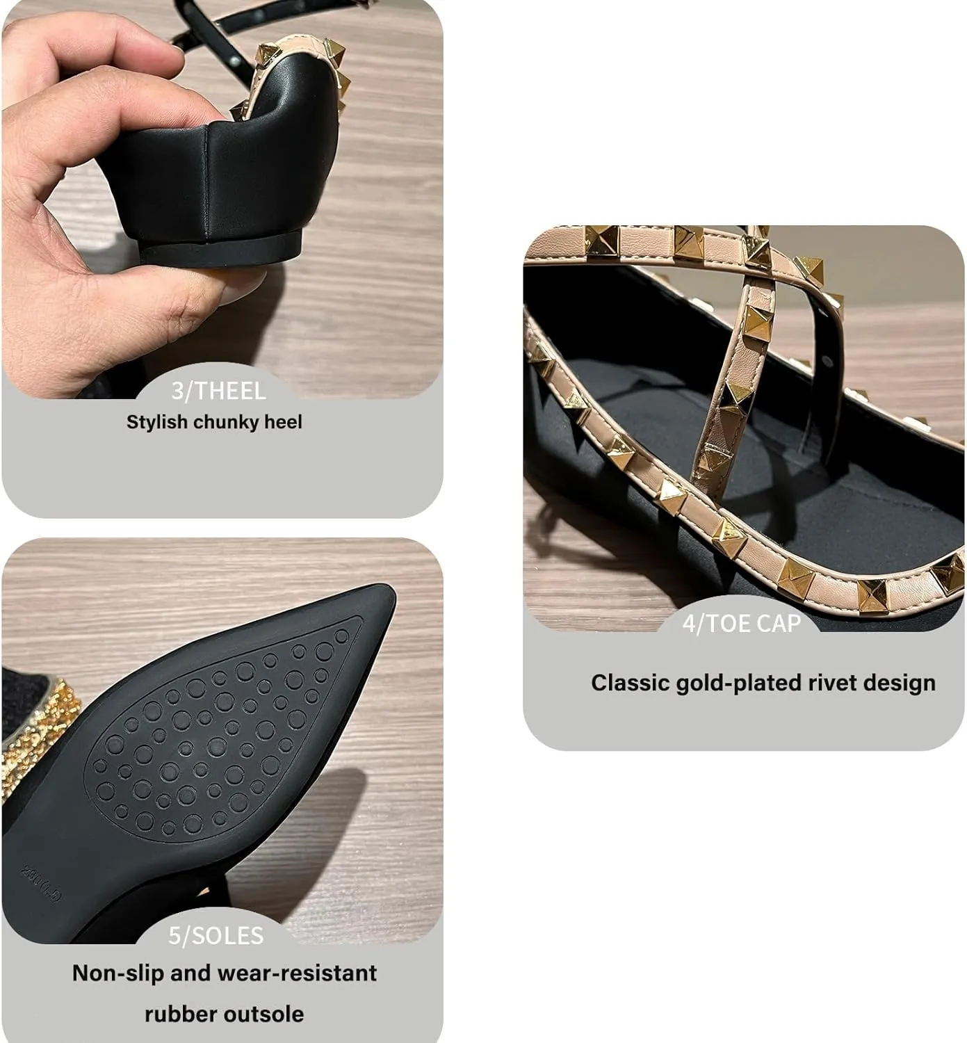 Women's Satin Rivet Cross Strap Flat Pumps Elegant Pointed Toe Heightened Non-Slip Slip-On Date Night Wedding Flats
