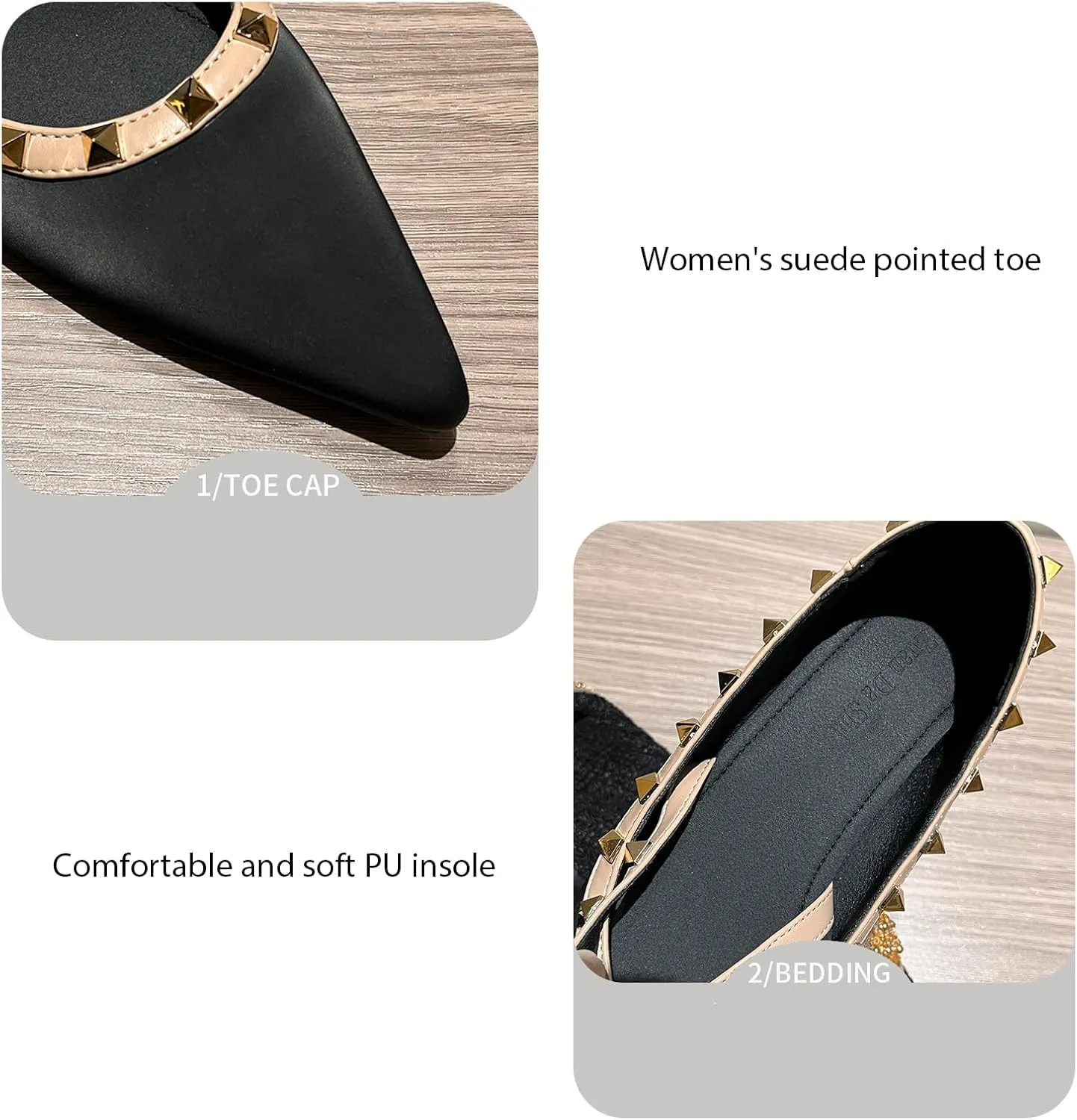 Women's Satin Rivet Cross Strap Flat Pumps Elegant Pointed Toe Heightened Non-Slip Slip-On Date Night Wedding Flats