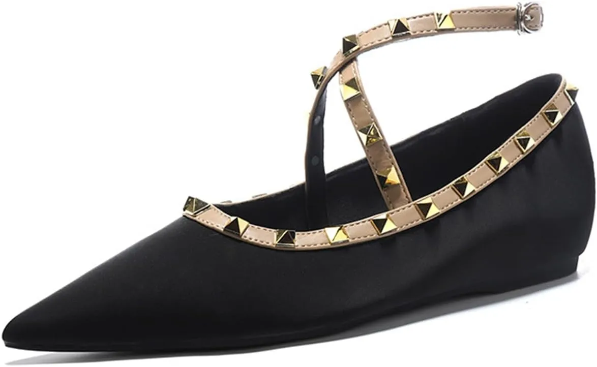 Women's Satin Rivet Cross Strap Flat Pumps Elegant Pointed Toe Heightened Non-Slip Slip-On Date Night Wedding Flats