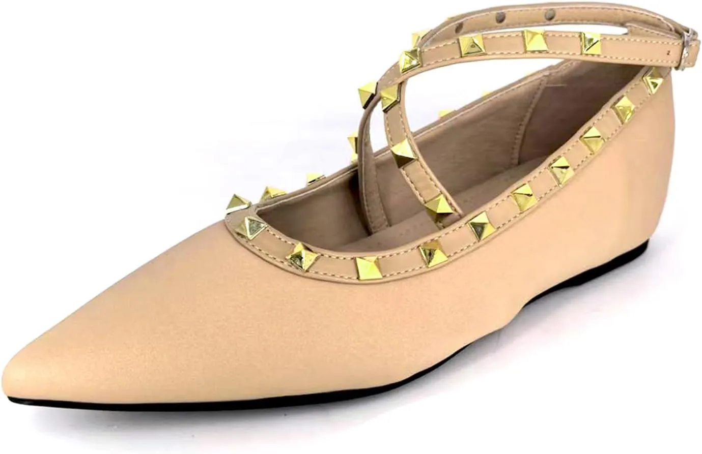 Women's Satin Rivet Cross Strap Flat Pumps Elegant Pointed Toe Heightened Non-Slip Slip-On Date Night Wedding Flats