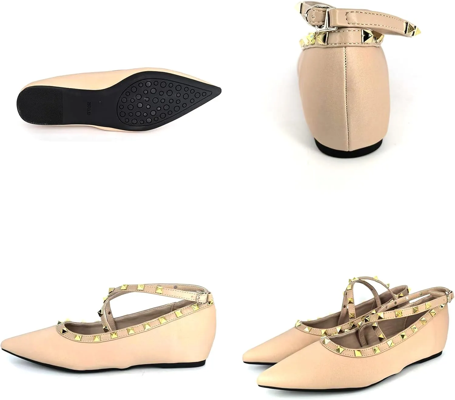 Women's Satin Rivet Cross Strap Flat Pumps Elegant Pointed Toe Heightened Non-Slip Slip-On Date Night Wedding Flats