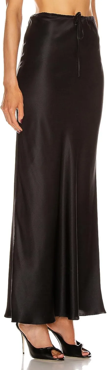Womens Satin Silk Maxi Skirts Drawstring Flared Casual A-Line Long Skirt for Women