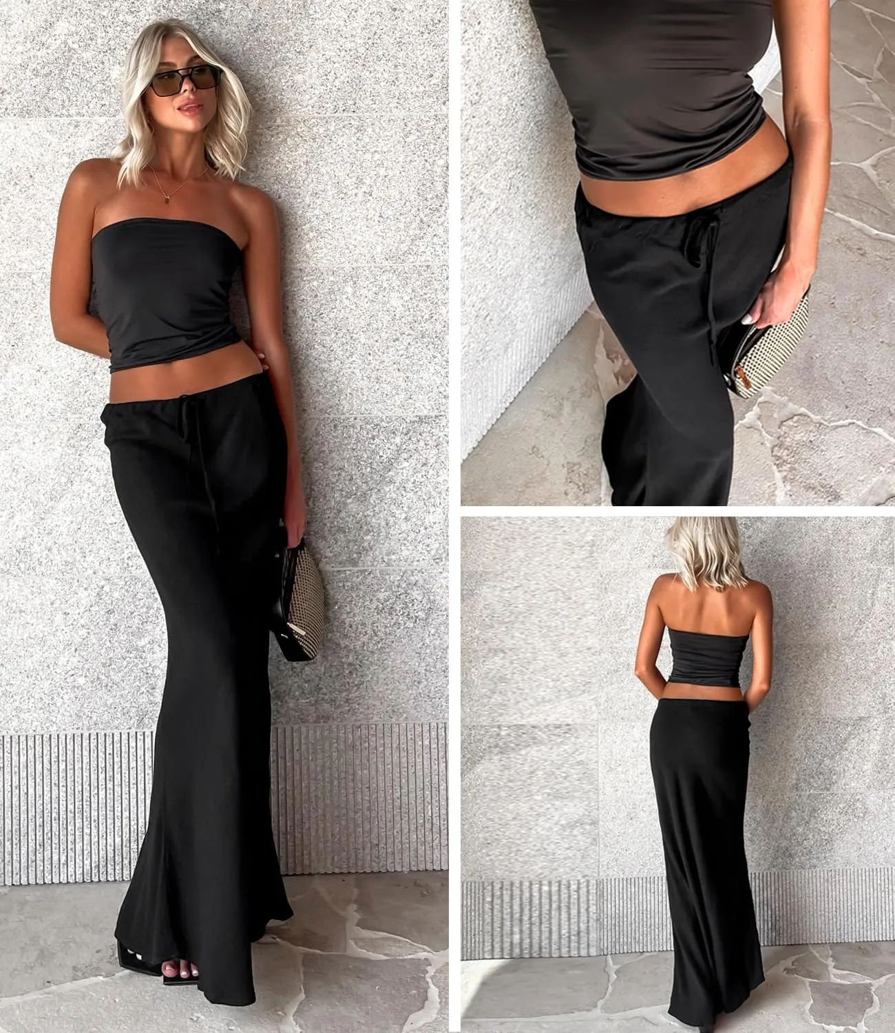 Womens Satin Silk Maxi Skirts Drawstring Flared Casual A-Line Long Skirt for Women