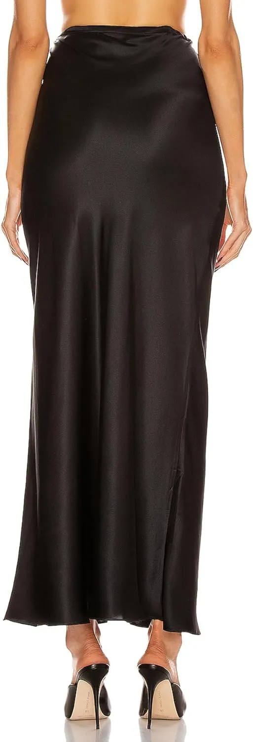 Womens Satin Silk Maxi Skirts Drawstring Flared Casual A-Line Long Skirt for Women