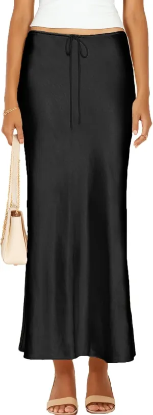 Womens Satin Silk Maxi Skirts Drawstring Flared Casual A-Line Long Skirt for Women
