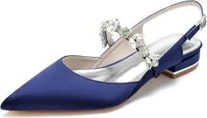 Women's Satin Wedding Flats Pointed Toe Slingback Flats for Bride Rhinestone Bridal Shoes Evening Prom Party Dress Shoes Pumps