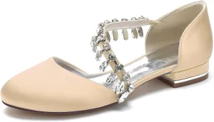 Women's Satin Wedding Shoes Closed Toe Rhinestone Strap Flat Bridal Shoes Party Prom Dress Pumps Sandals