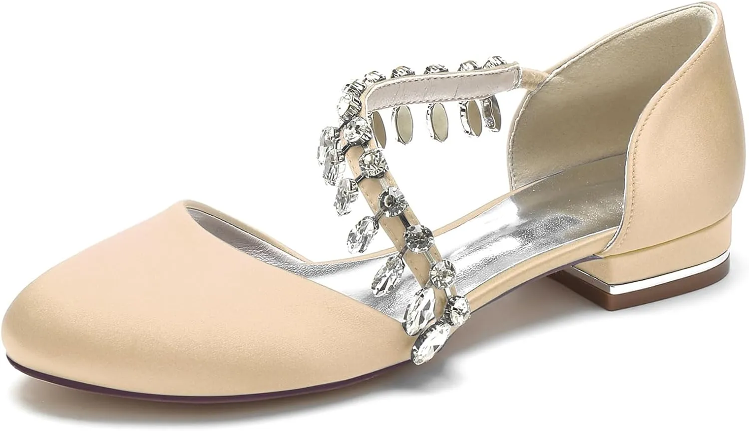 Women's Satin Wedding Shoes Closed Toe Rhinestone Strap Flat Bridal Shoes Party Prom Dress Pumps Sandals