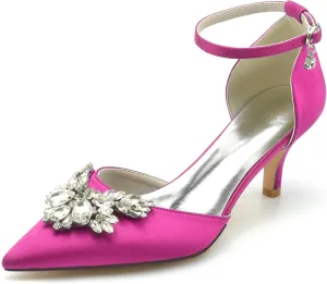Women's Satin with Crystal Party Dress Sandals Ankle Strap Pointed Toe Pumps Heel Wedding Shoes for Bridal