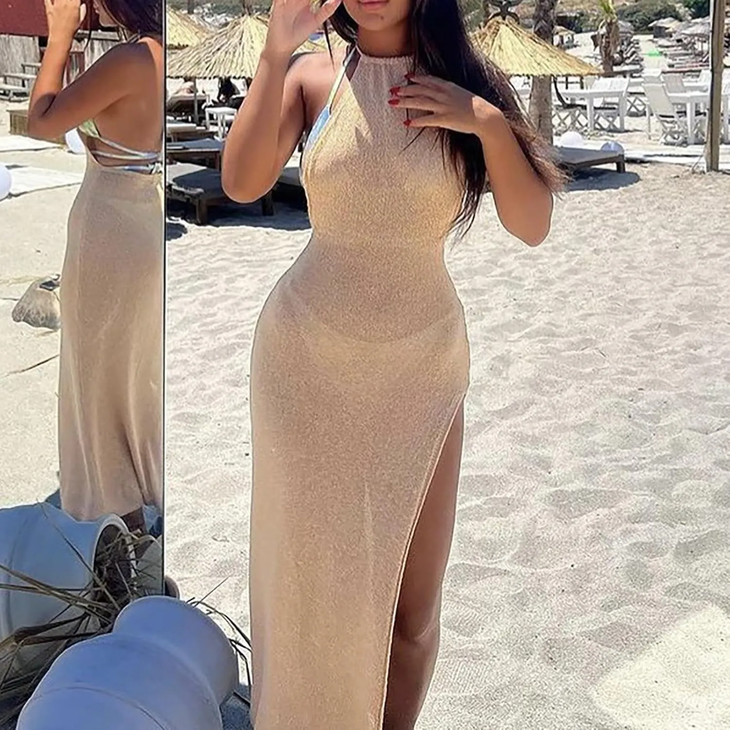 Women's Sexy Hollow Out Halter Wrap Sleeveless High Slit Casual Long Maxi Dresses Beach Cover Up Dress