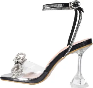 Women's Sexy Rhinestone Bow High Heel Sandals Clear Heels Sandals Square Toe Colorful Sandals