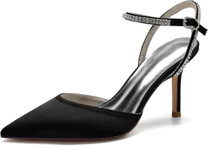 Women's Slingback Buckle Pumps Pointed Toe Satin Sexy Dress Wedding Party Ankle with Rhinestone Strap Bride Stiletto Heels