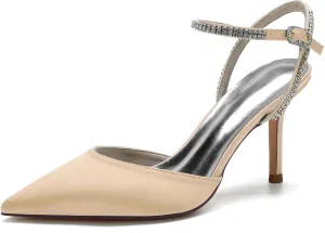 Women's Slingback Buckle Pumps Pointed Toe Satin Sexy Dress Wedding Party Ankle with Rhinestone Strap Bride Stiletto Heels