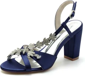 Women's Slingback Court Shoes Satin Rhinestones Block Heel Bridal Pumps Closed Toe Wedding Dress Sandals